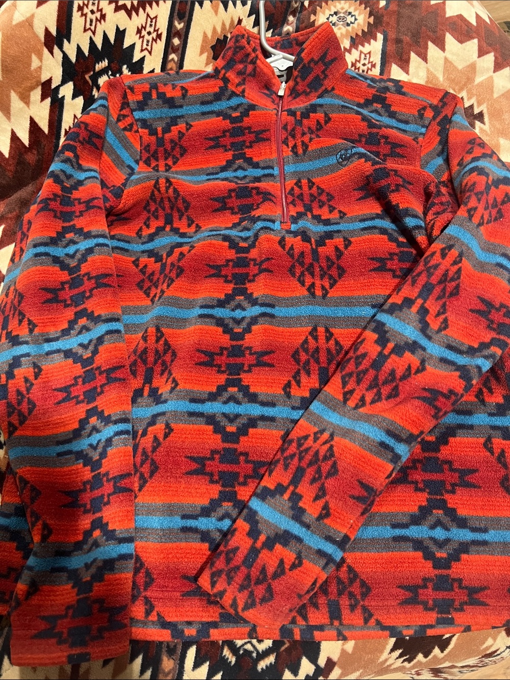 Woman Red Patterned Half-Zip Sweater
